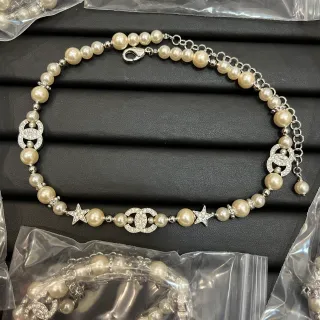 Chanel Beige Silver Pearl Strand Crystal-Embellished CC Logos Necklace