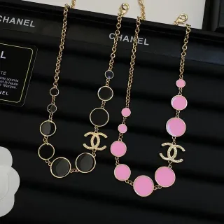 Chanel Black Pink Gold-Tone Chain Enamel Disc Pendants Necklace