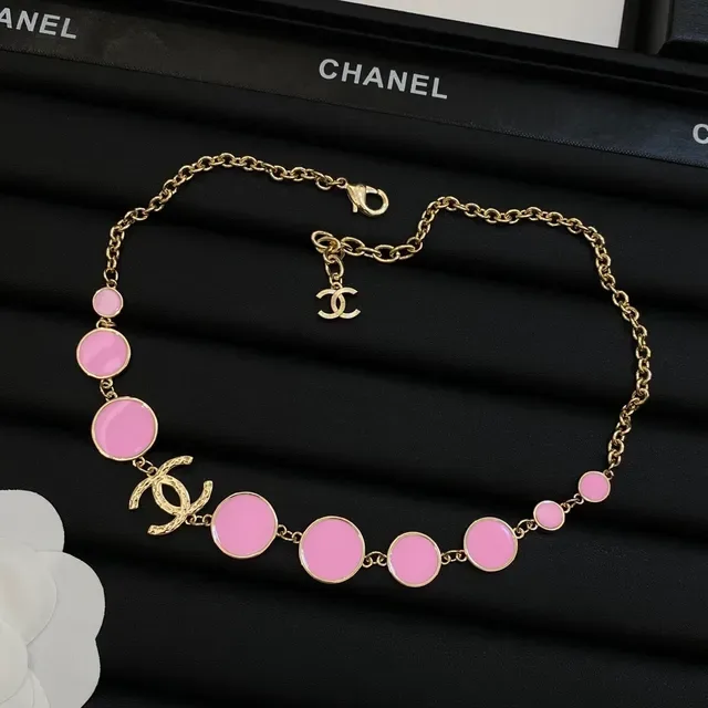 Collier Chanel Chaîne en Or et Disques d'Émail Noir et Rose 2