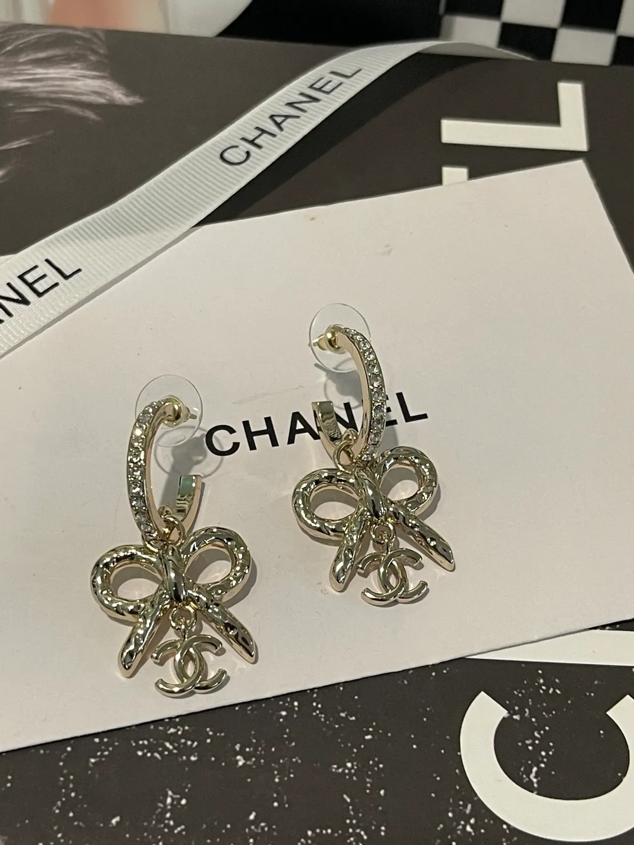 Chanel Bow and CC Pavé Crystal Dangling Earrings 7