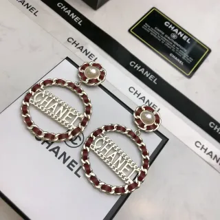 Chanel Burgundy Silver Logo-Cutout Oval Hoop Chain-Link Border Earrings