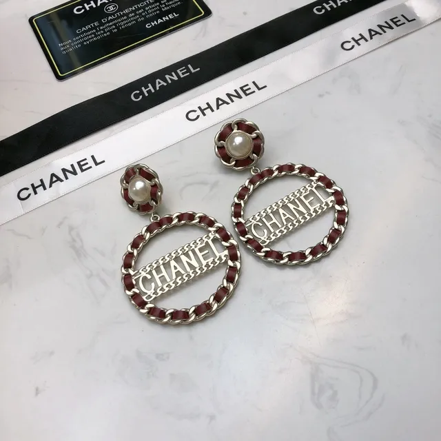 Chanel Brincos Bordeaux Prata Logo-Recortado Aros Ovais Borda Corrente Maçada 3