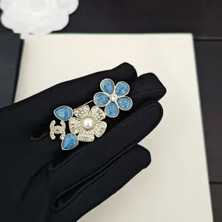 Chanel Camellia Blue Gold Floral Crystal-Embellished Brooch