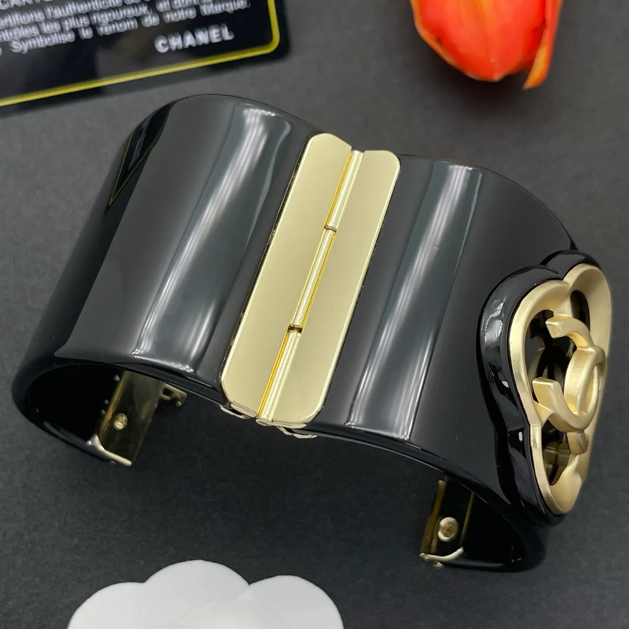 Chanel Camellia Cuff Black and Gold-Tone Bracelet 2