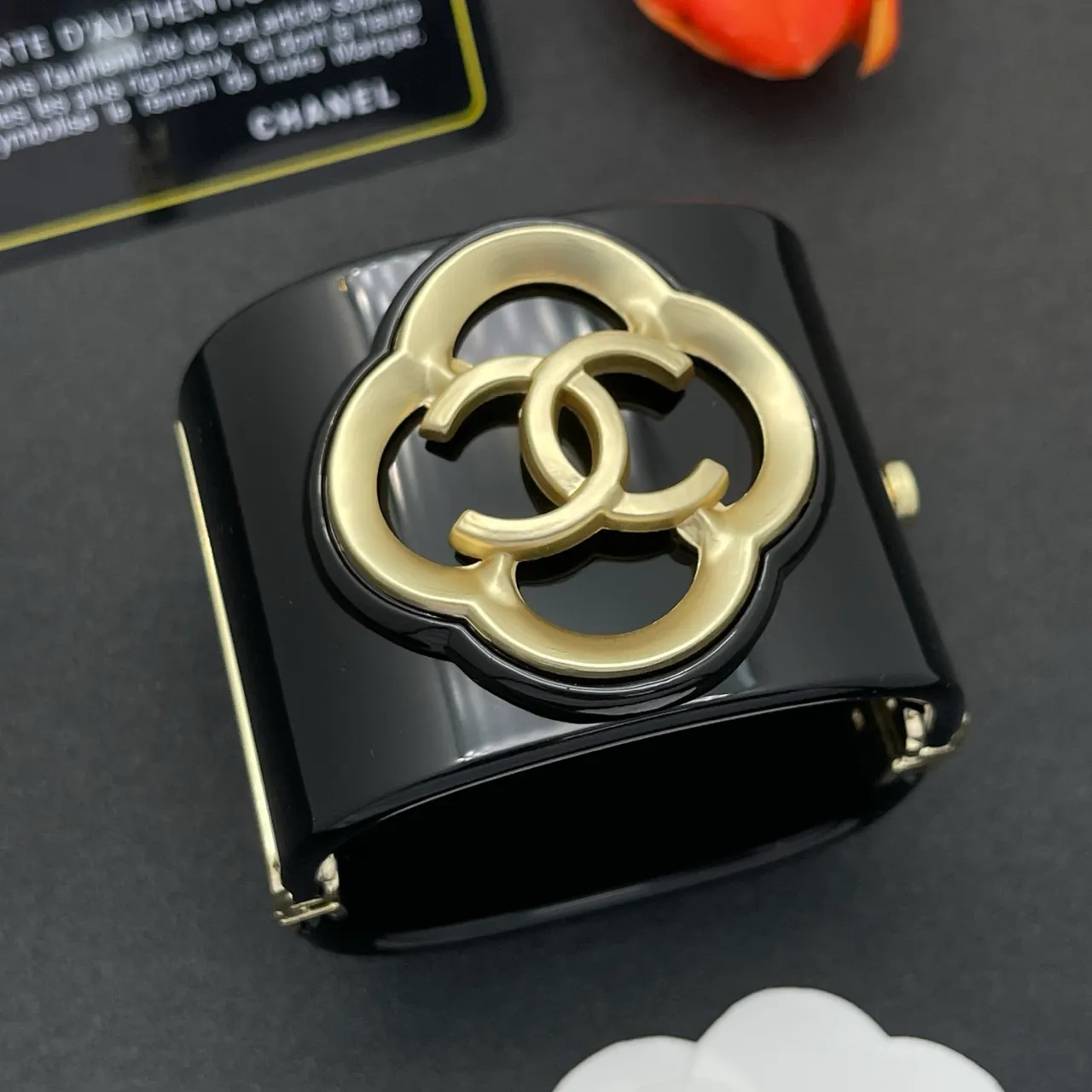 Chanel Camellia Cuff Black and Gold-Tone Bracelet 3