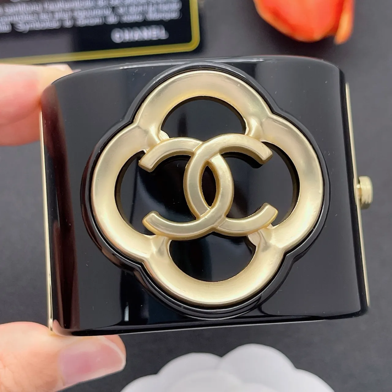 Chanel Camellia Cuff Black and Gold-Tone Bracelet 4