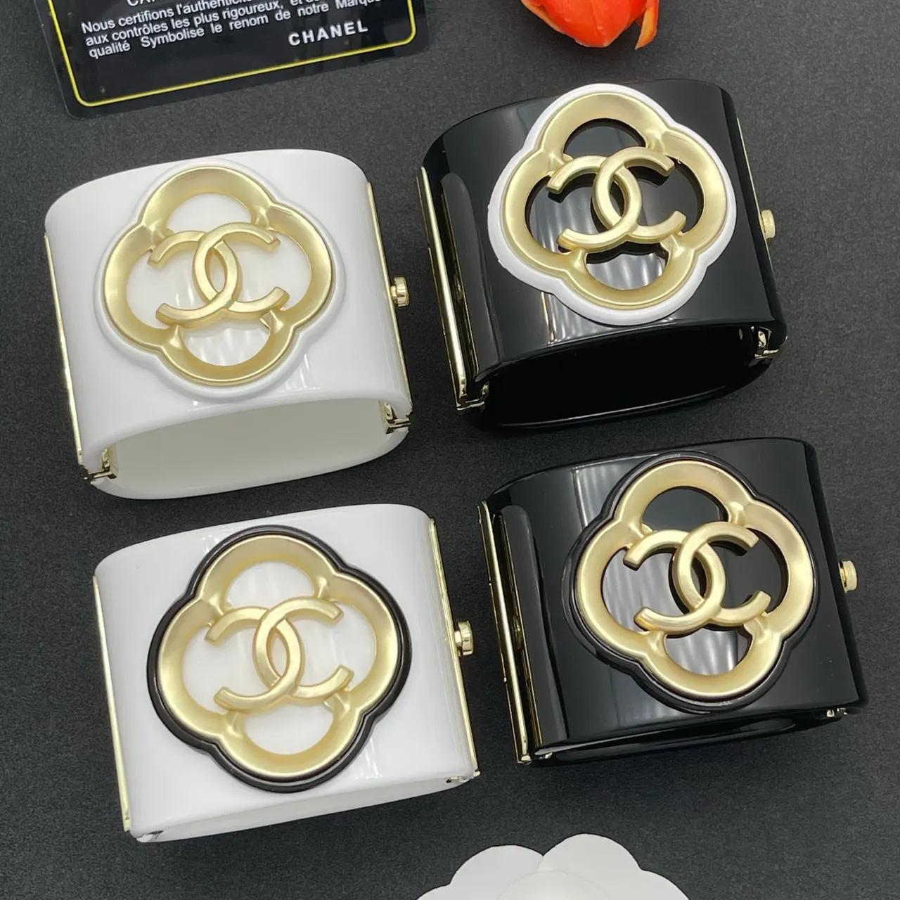 Chanel Camellia Cuff Black and Gold-Tone Bracelet 5