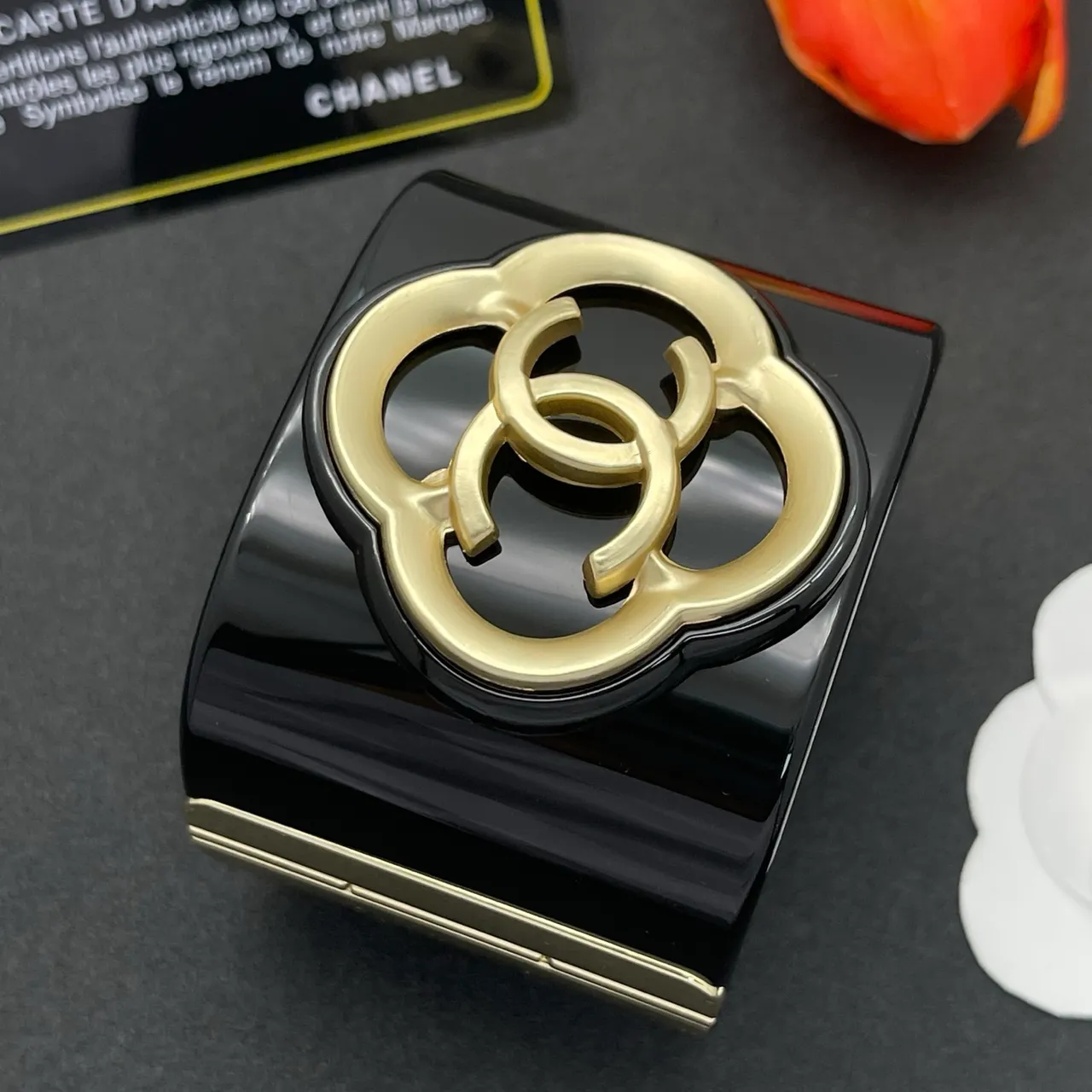 Chanel Camellia Cuff Black and Gold-Tone Bracelet 8