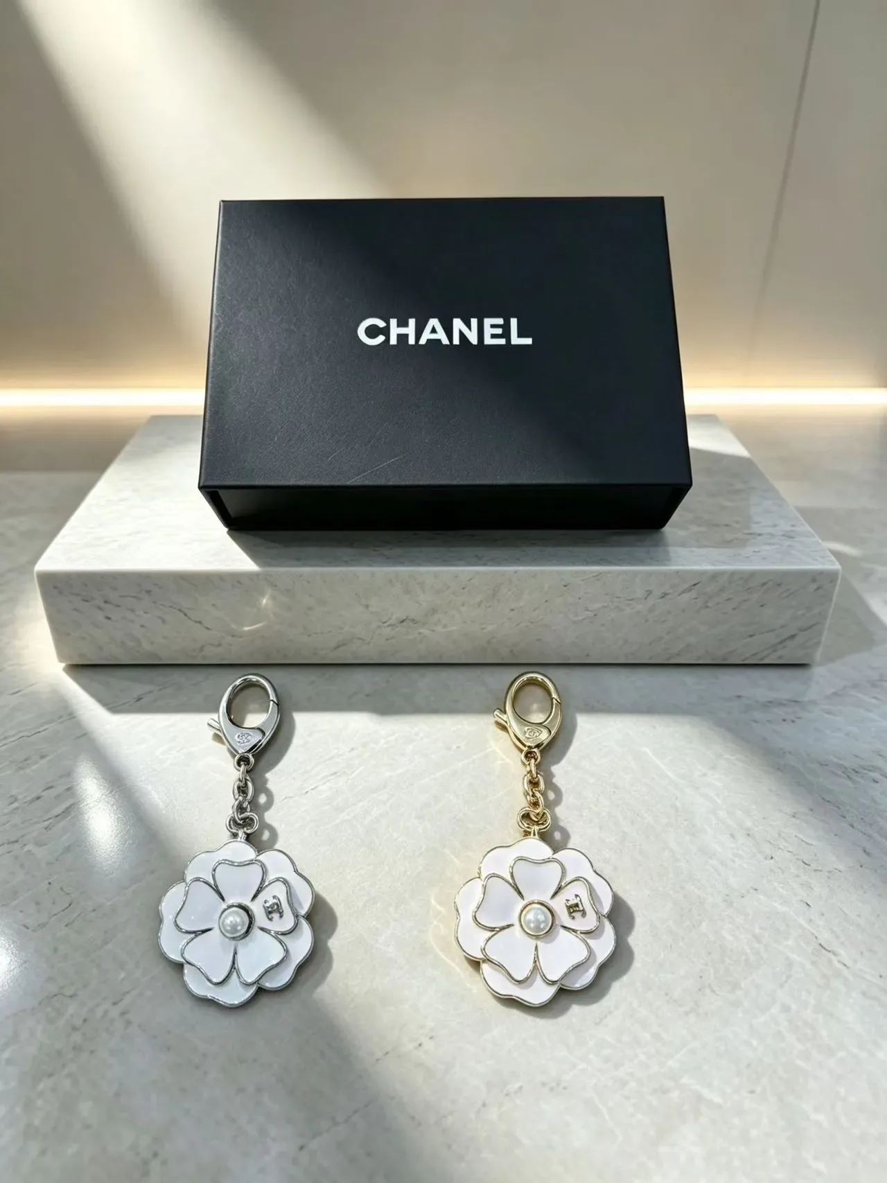 Chanel Camellia Flower Enamel Pearl Keychain Brooch 2
