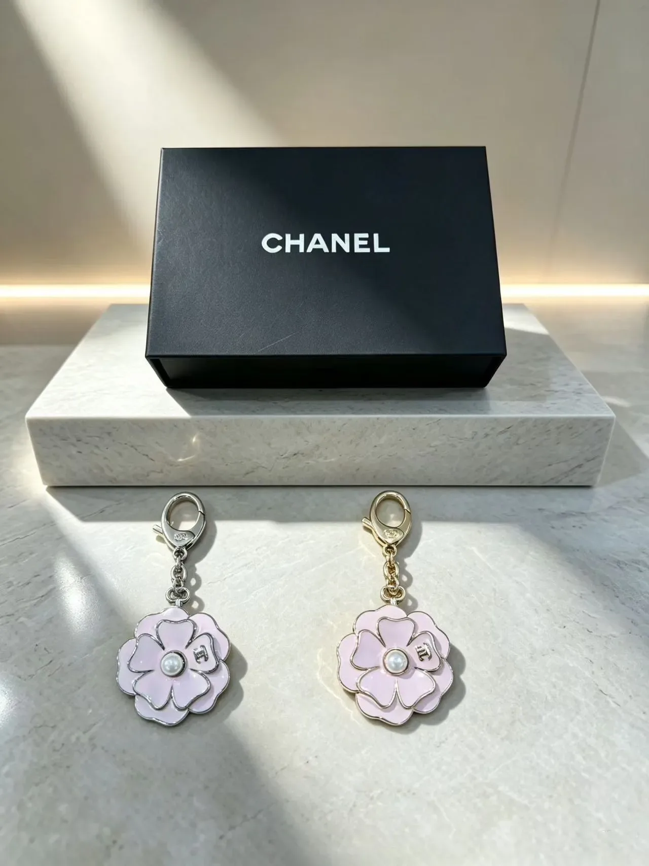Chanel Camellia Flower Enamel Pearl Keychain Brooch 3