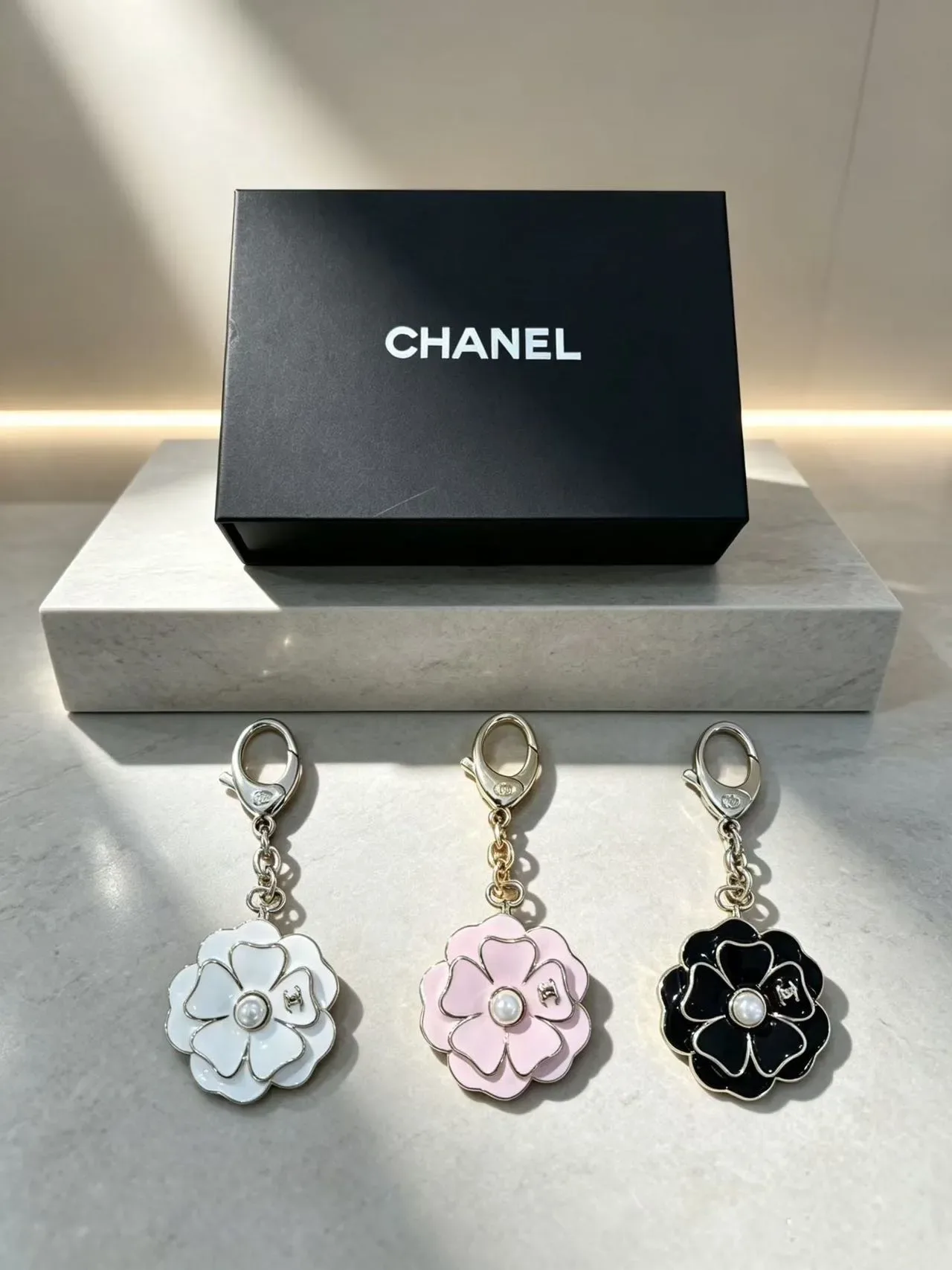 Chanel Camellia Flower Enamel Pearl Keychain Brooch 5
