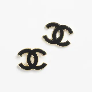 Chanel CC Black Gold Enamel Logo Metal Earrings