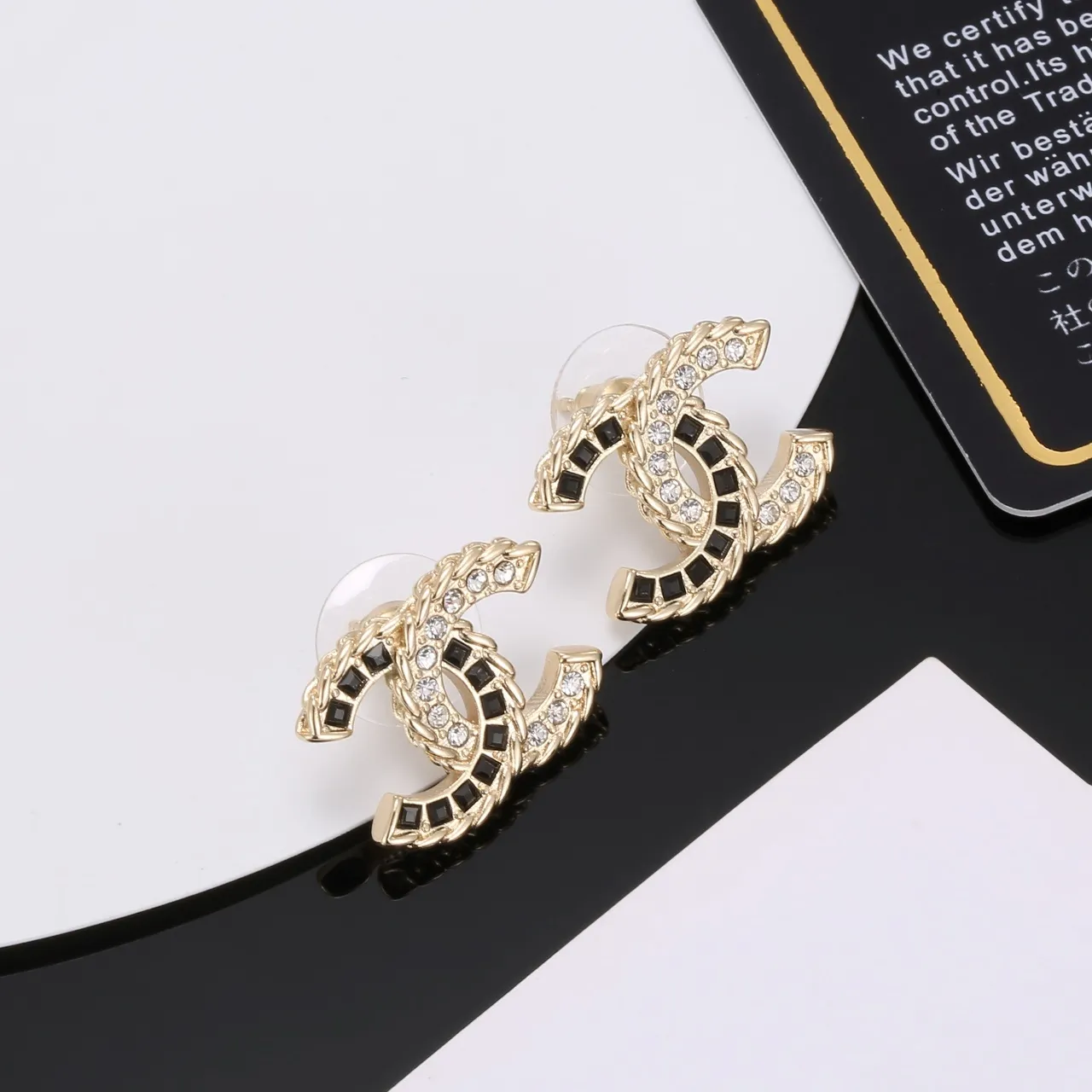 Chanel CC Gold Black Interlocking Logo Twisted Rope Border Earrings 4
