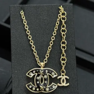 Chanel CC Logo Black Gold Chain Enamel Pendant Necklace