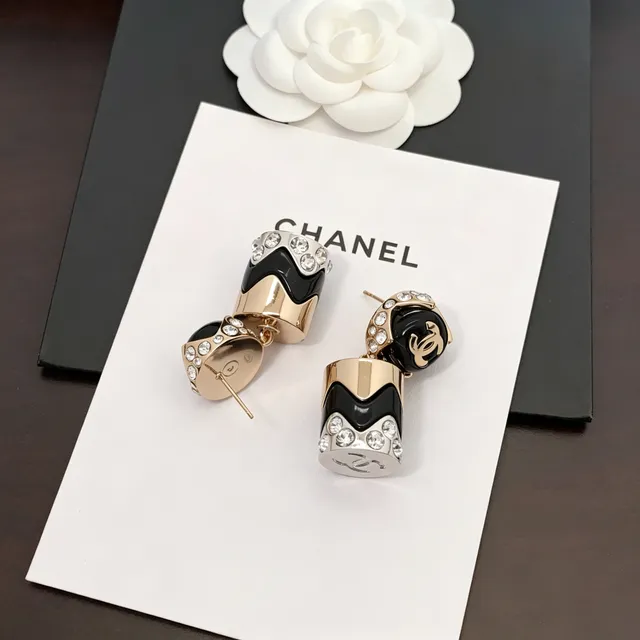 Chanel CC Logo Geometric Black and Gold Crystal Earrings 3