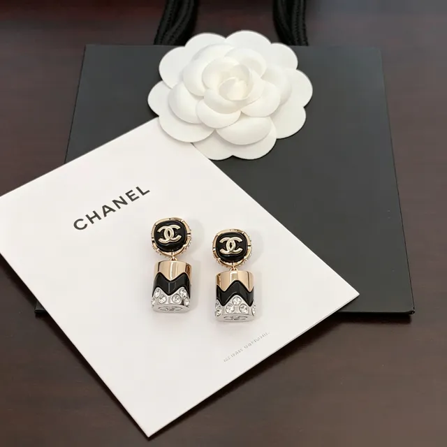 Chanel CC Logo Geometric Black and Gold Crystal Earrings 4