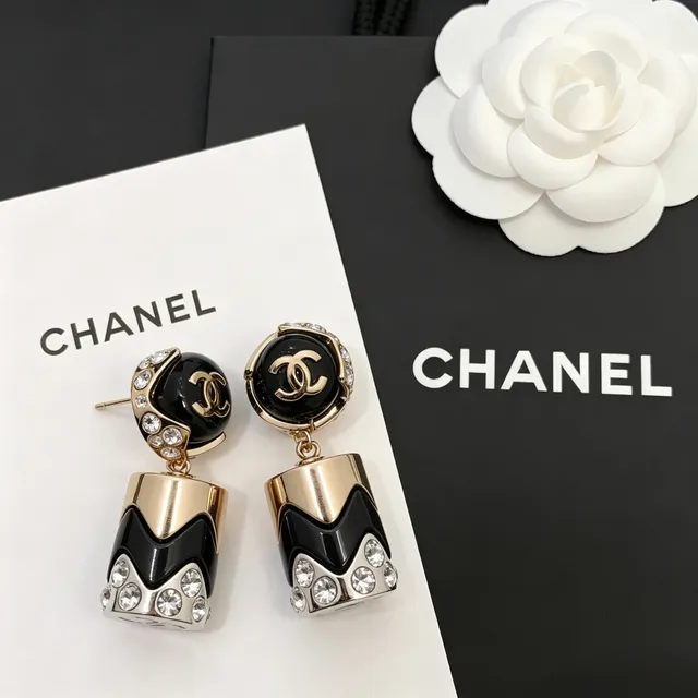 Chanel CC Logo Geometric Black and Gold Crystal Earrings 5