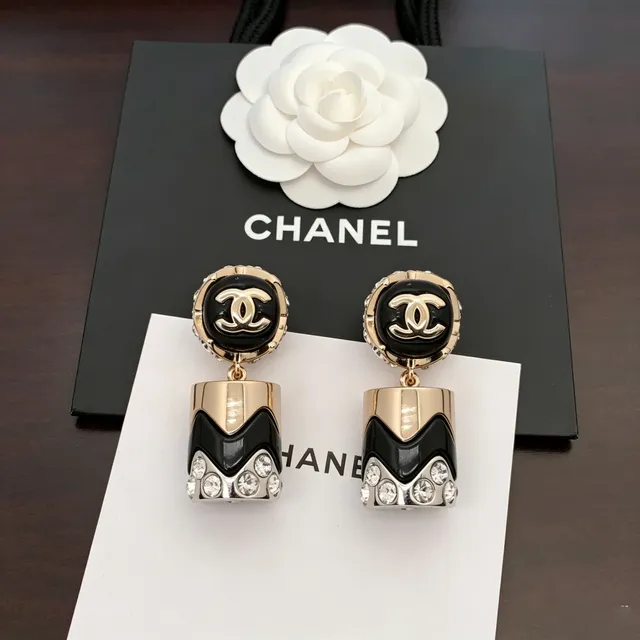 Chanel CC Logo Geometric Black and Gold Crystal Earrings 6