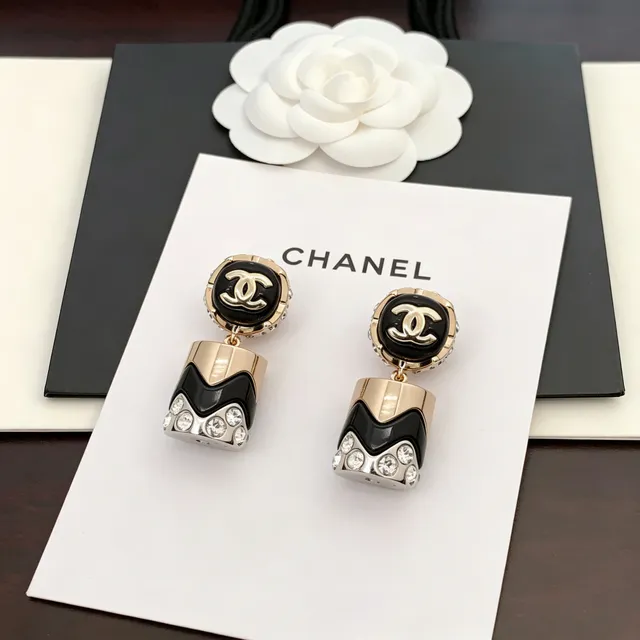 Chanel CC Logo Geometric Black and Gold Crystal Earrings 7
