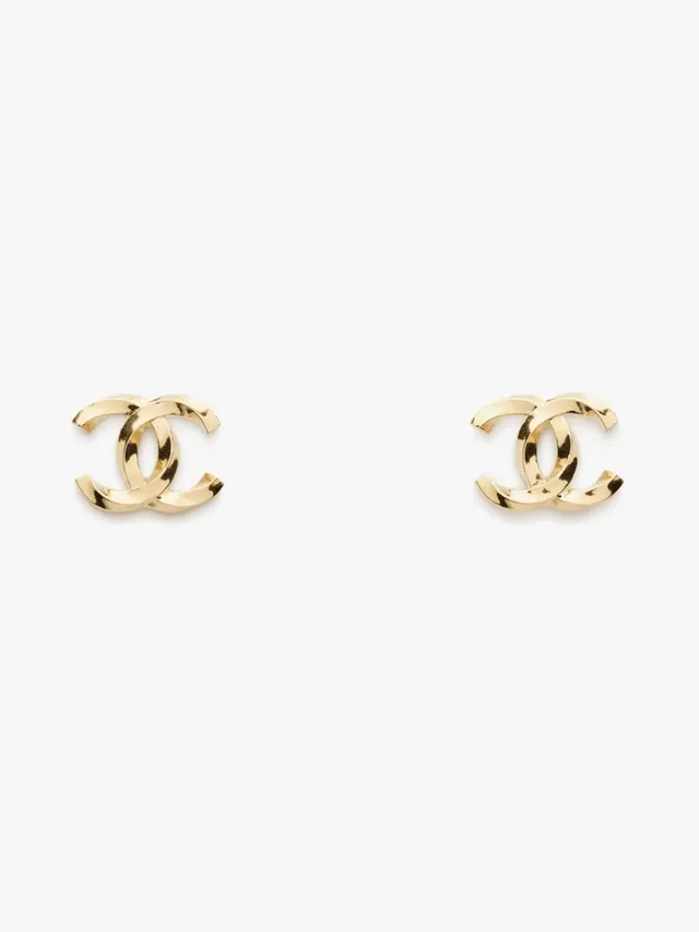 Chanel CC Logo Gold Black Interlocking Polished Metal Earrings 2