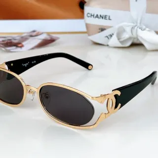 Chanel CC Logo Gold Black Oval Lens Metal Frame Sunglasses
