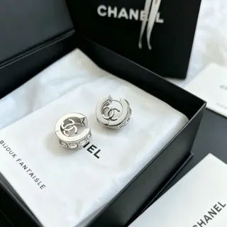 Chanel CC Logo Hoop Silver Black Earrings