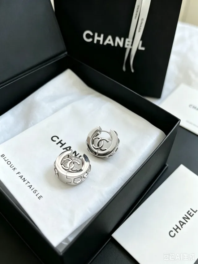 Chanel CC Logo Hoop Silver Black Earrings 2