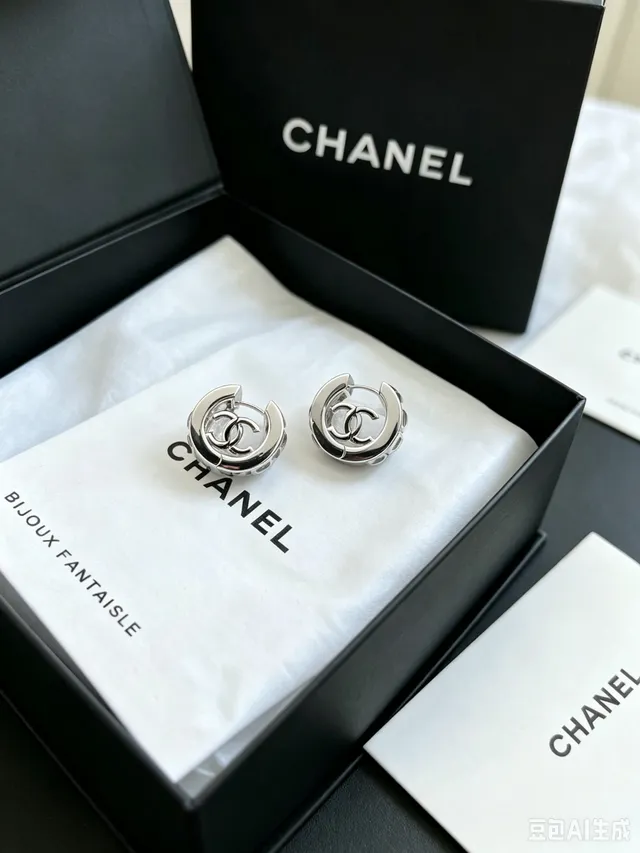 Chanel CC Logo Hoop Silver Black Earrings 4