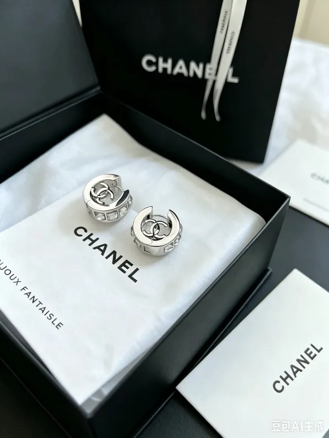 Chanel CC Logo Hoop Silver Black Earrings 5