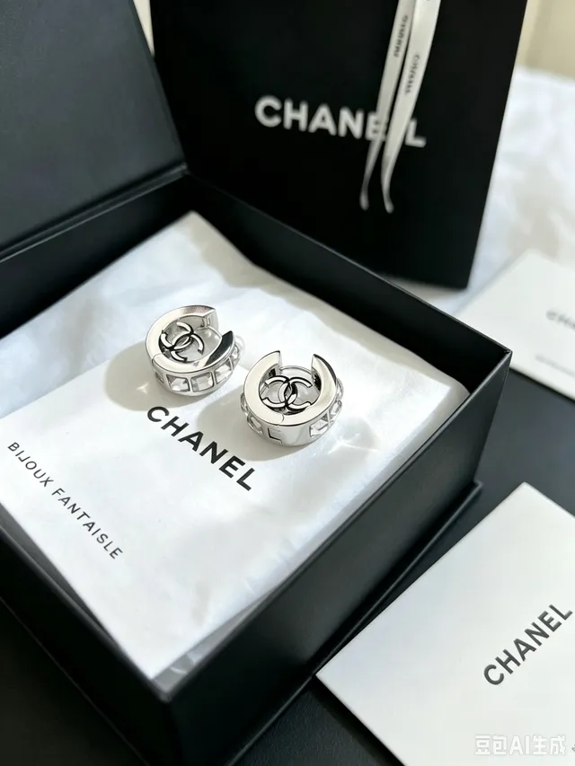 Chanel CC Logo Hoop Silver Black Earrings 6
