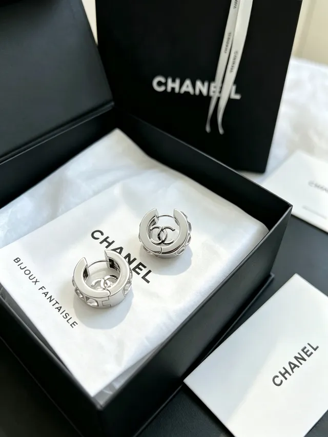 Chanel CC Logo Hoop Silver Black Earrings 9