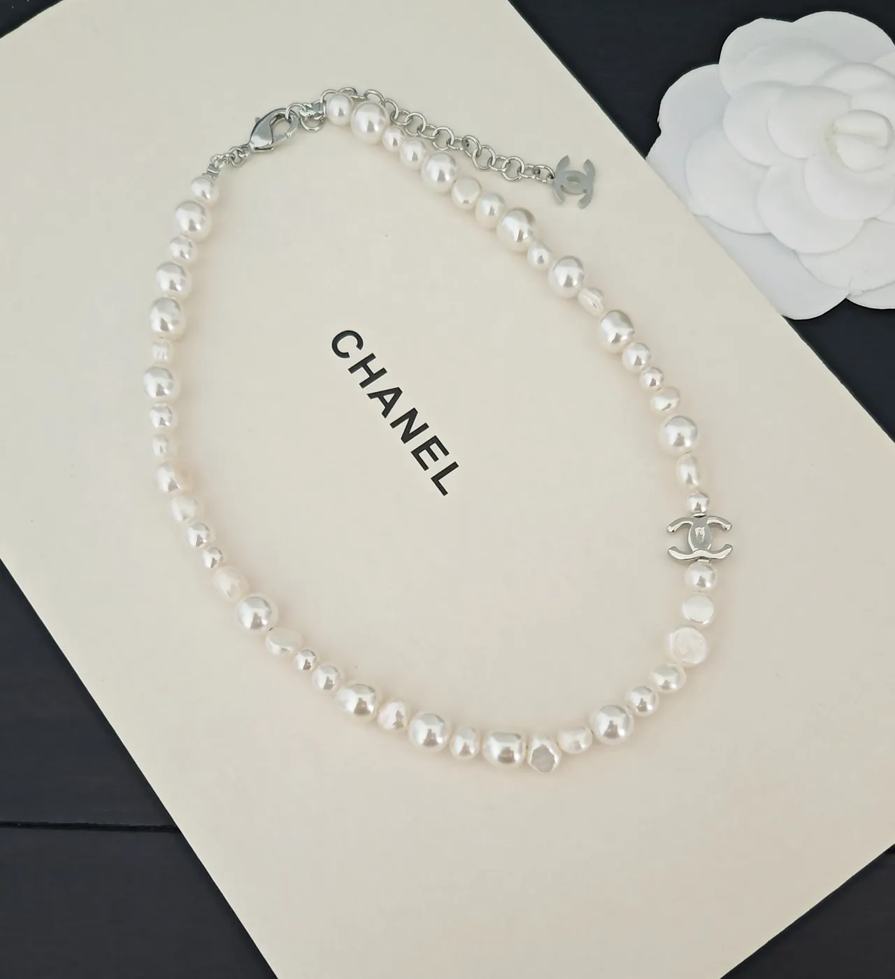 Chanel CC Logo Pearl Necklace White Silver Baroque Asymmetrical Placement Necklace 2