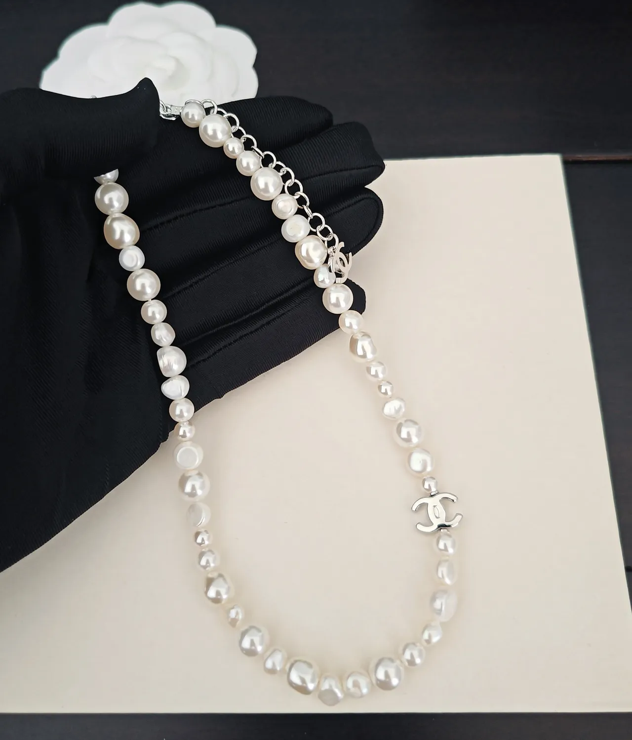 Chanel CC Logo Pearl Necklace White Silver Baroque Asymmetrical Placement Necklace 3