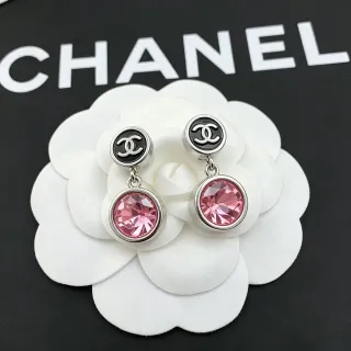 Chanel CC Logo 粉色 水晶 垂坠耳环