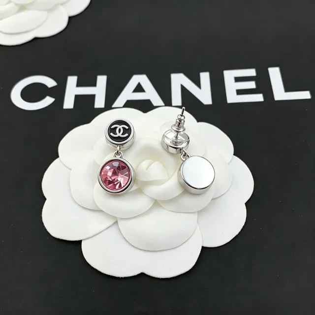 Chanel CC Logo Pink Crystal Drop Earrings 3