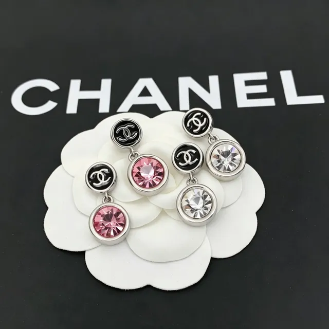 Chanel CC Logo Pink Crystal Drop Earrings 4