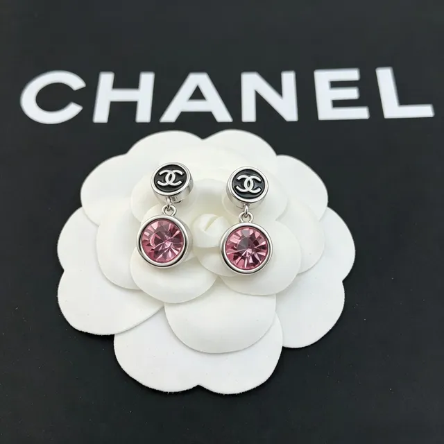 Chanel CC Logo Pink Crystal Drop Earrings 5