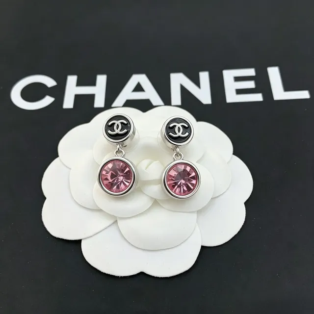 Chanel CC Logo Pink Crystal Drop Earrings 6