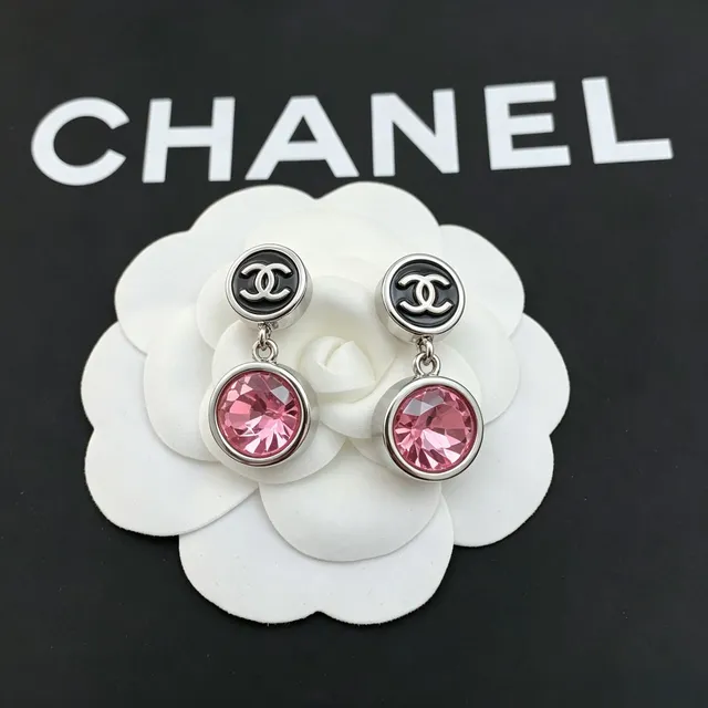 Chanel CC Logo Pink Crystal Drop Earrings 7