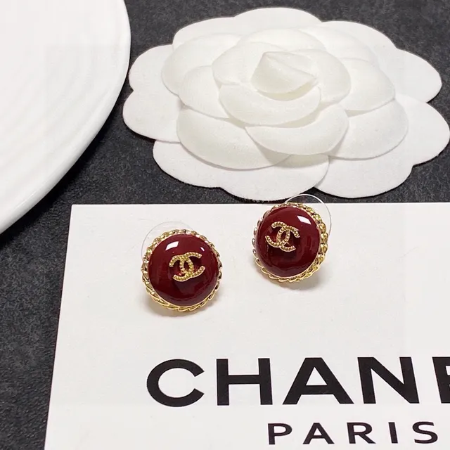 Chanel CC Logo Stud Red Gold Round Enamel Face Earrings 2