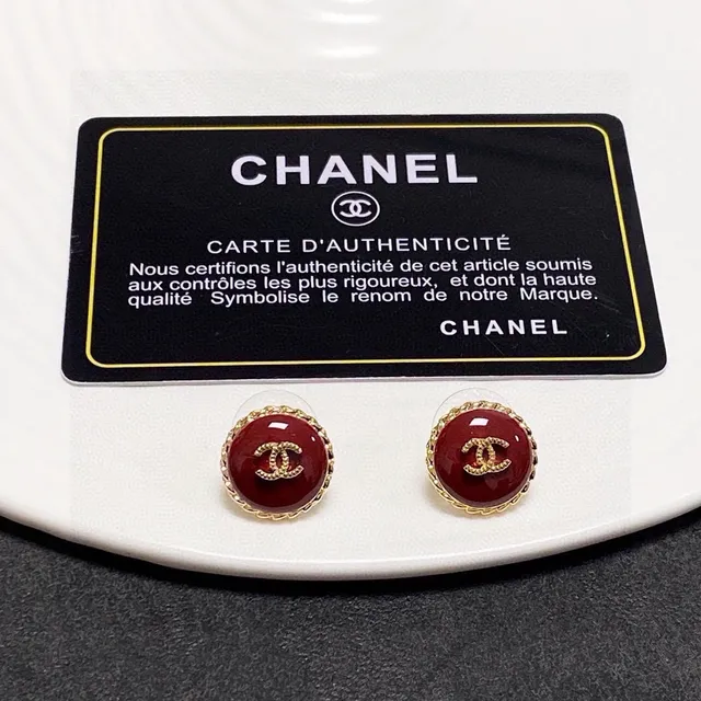 Chanel CC Logo Stud Red Gold Round Enamel Face Earrings 3