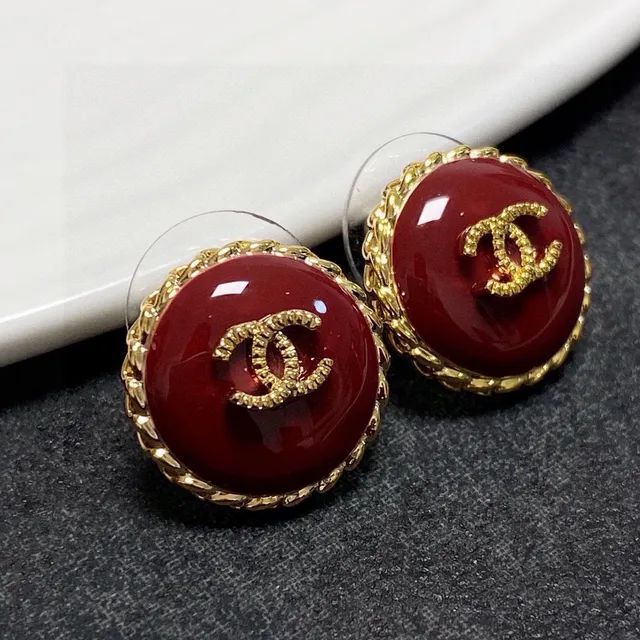 Chanel CC Logo Stud Red Gold Round Enamel Face Earrings 4