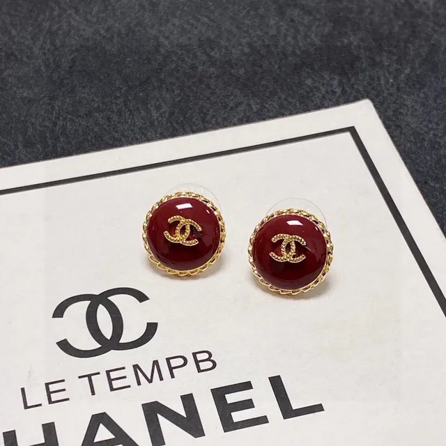 Chanel CC Logo Stud Red Gold Round Enamel Face Earrings 5