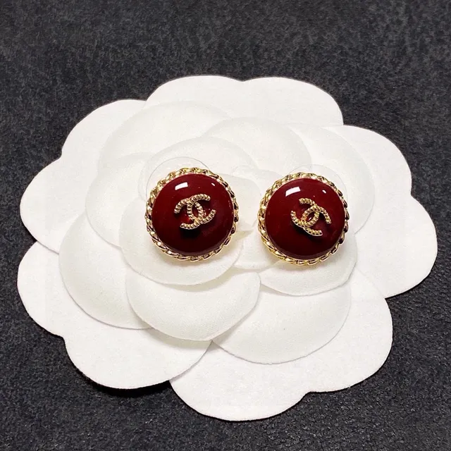 Chanel CC Logo Stud Red Gold Round Enamel Face Earrings 7