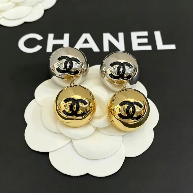 Chanel CC Logo Stud Silver Black Round Dome Studs Polished Metal Earrings 4