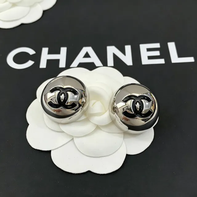Chanel CC Logo Stud Silver Black Round Dome Studs Polished Metal Earrings 6