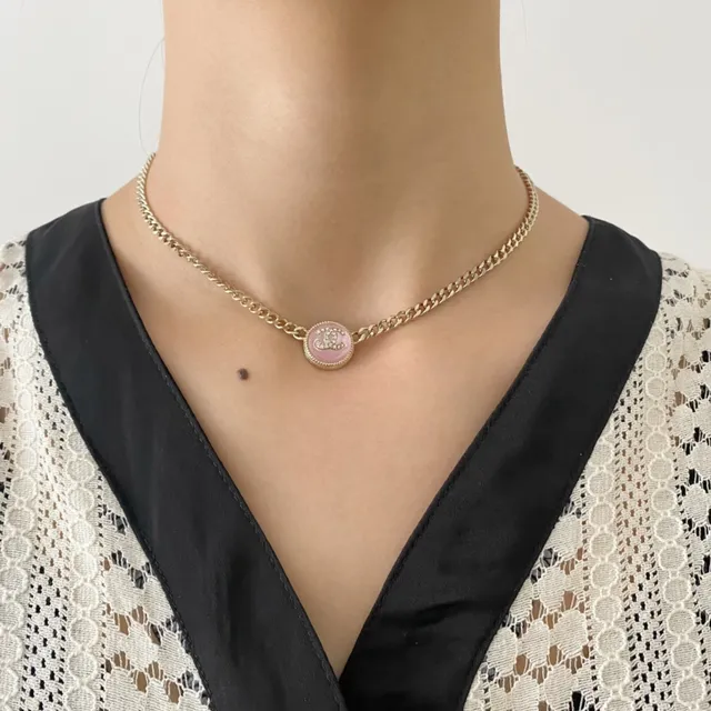 Chanel CC Pendant Necklace Gold Pink Curb Chain Circular Enamel Necklace 3