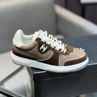 Chanel CC Sneaker Brown Beige Felt-and-Suede Panelled White-Piped Lifestyle Sneakers