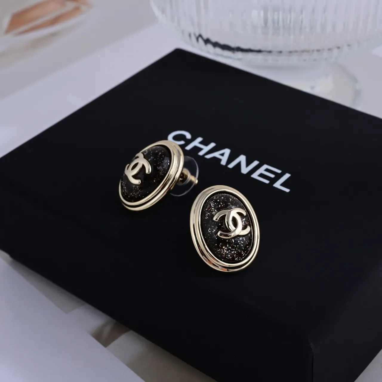 Chanel CC Stud Black Gold Oval Metal Earrings 2