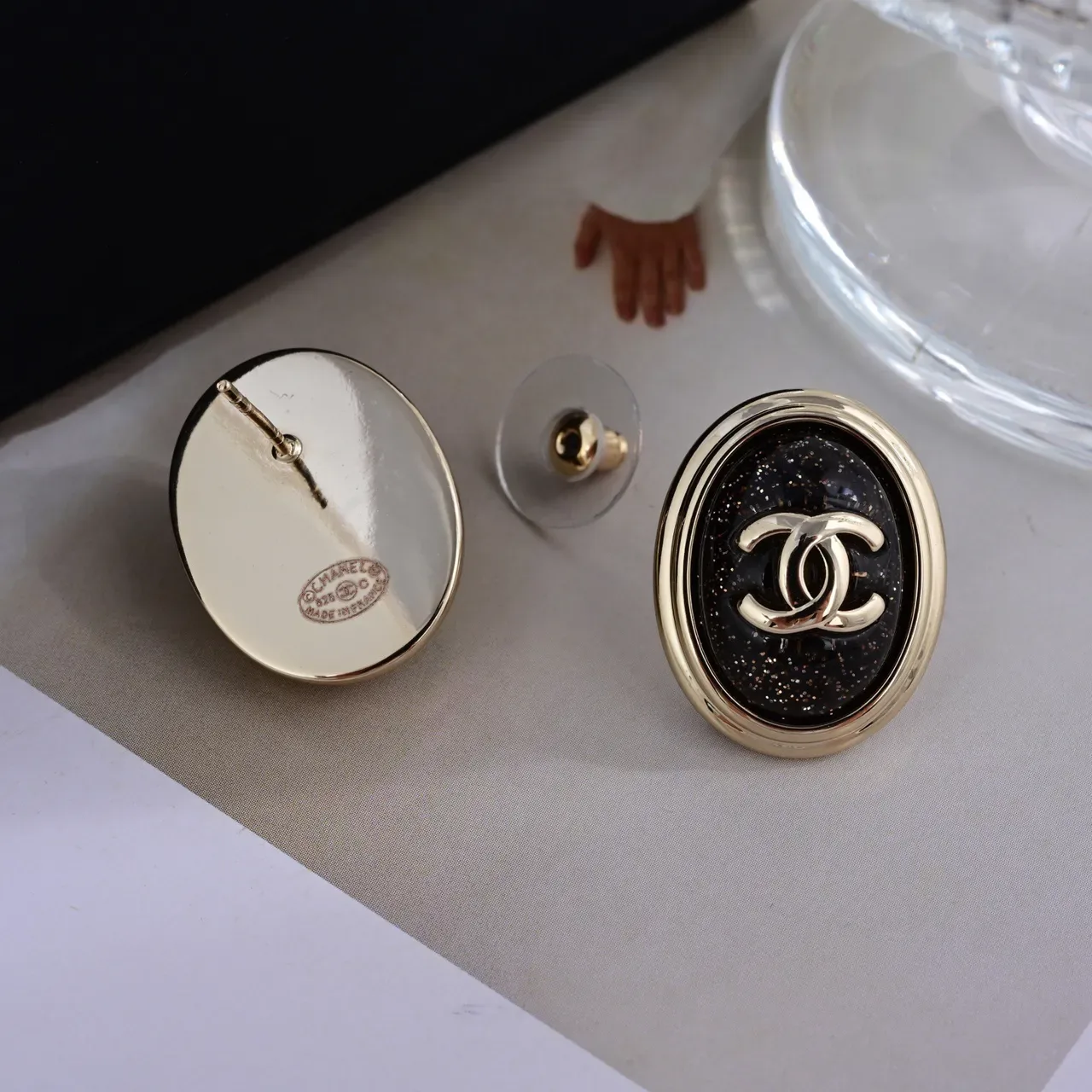 Chanel CC Stud Black Gold Oval Metal Earrings 3